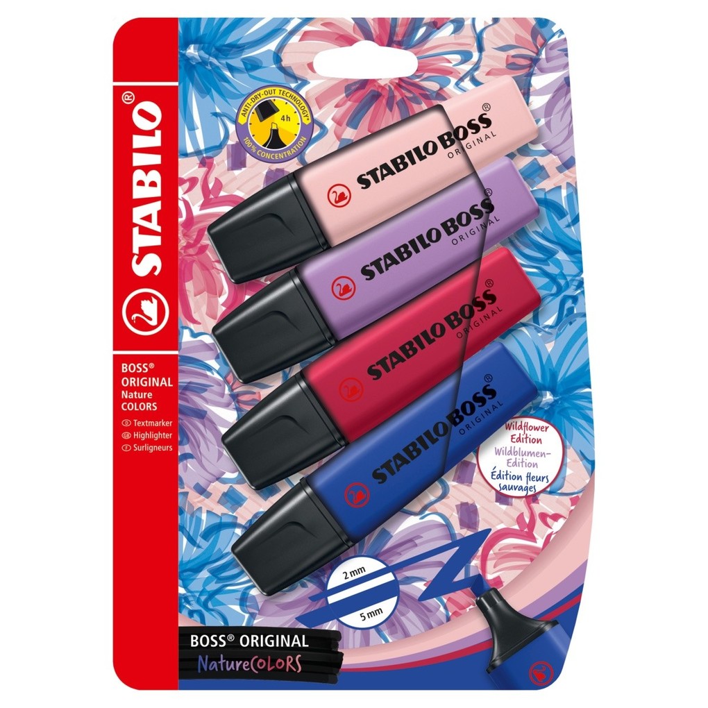 STABILO Textmarker - BOSS ORIGINAL NatureCOLORS Wildflower 4er Set rouge ultramarinblau grauviolett burgunderrot