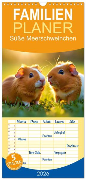 Familienplaner 2026 - Süße Meerschweinchen mit 5 Spalten (Wandkalender 21 x 45 cm) CALVENDO