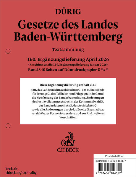 Gesetze des Landes Baden-Württemberg 160. Ergänzungslieferung