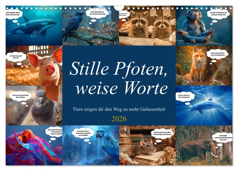 Stille Pfoten weise Worte - Tiere zeigen dir den Weg zu mehr Gelassenheit (Wandkalender 2026 DIN A3 quer) CALVENDO Monatskalender