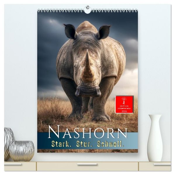 Nashorn - Stark. Stur. Schnell. (hochwertiger Premium Wandkalender 2026 DIN A2 hoch) Kunstdruck in Hochglanz