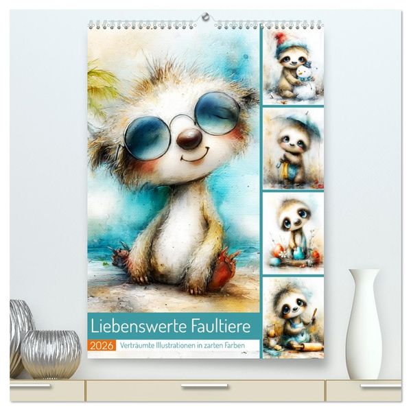 Liebenswerte Faultiere. Verträumte Illustrationen in zarten Farben (hochwertiger Premium Wandkalender 2026 DIN A2 hoch) Kunstdruck in Hochglanz