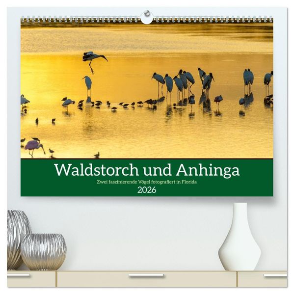 Waldstorch und Anhinga (hochwertiger Premium Wandkalender 2026 DIN A2 quer) Kunstdruck in Hochglanz