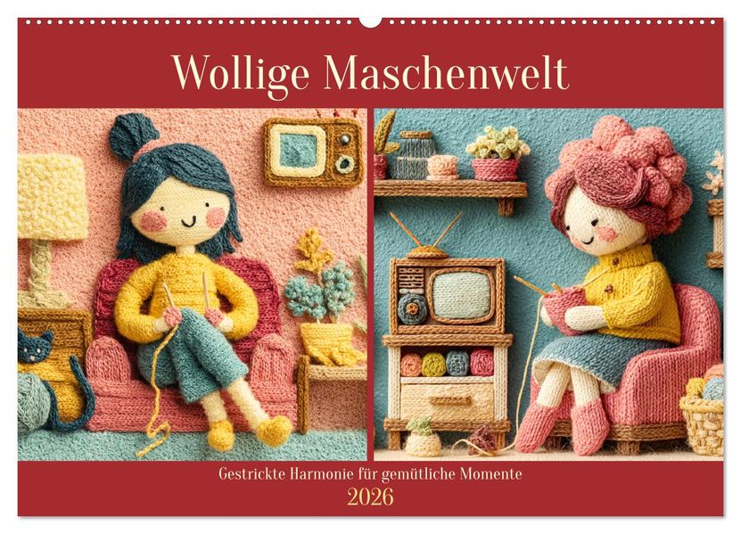 Wollige Maschenwelt. Gestrickte Harmonie für gemütliche Momente (Wandkalender 2026 DIN A2 quer) CALVENDO Monatskalender