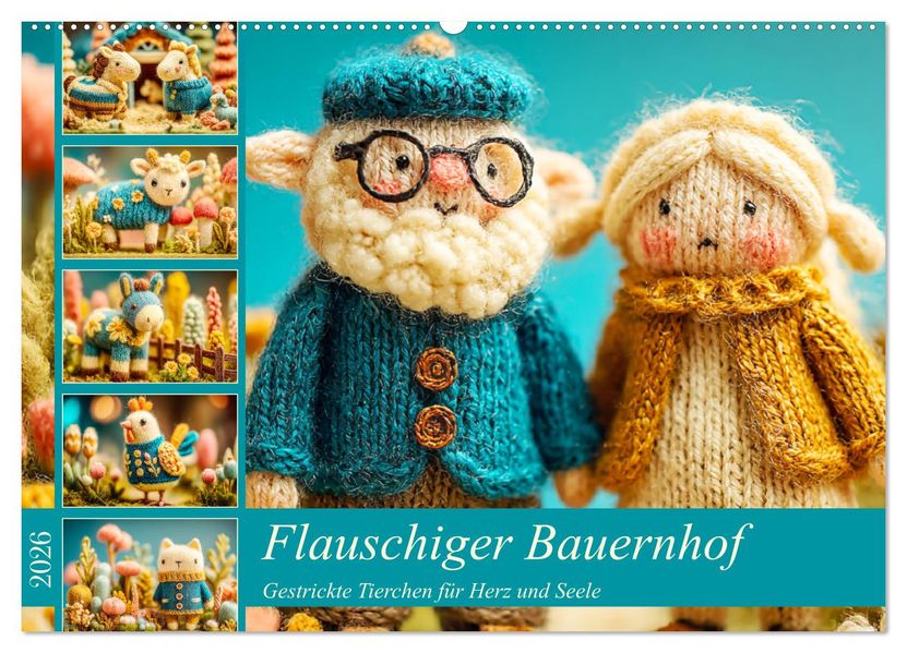 Flauschiger Bauernhof. Gestrickte Tierchen für Herz und Seele (Wandkalender 2026 DIN A2 quer) CALVENDO Monatskalender