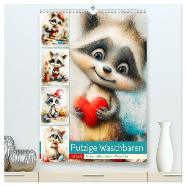 Putzige Waschbären. Zauberhafte Cartoon-Momente (hochwertiger Premium Wandkalender 2026 DIN A2 hoch) Kunstdruck in Hochglanz