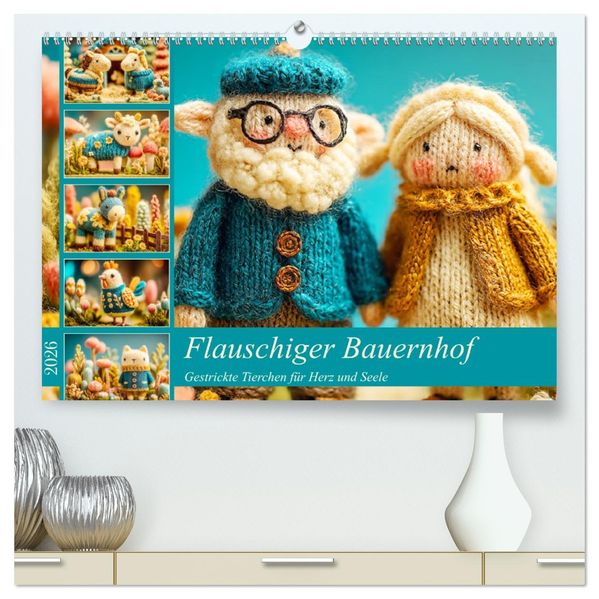 Flauschiger Bauernhof. Gestrickte Tierchen für Herz und Seele (hochwertiger Premium Wandkalender 2026 DIN A2 quer) Kunstdruck in Hochglanz