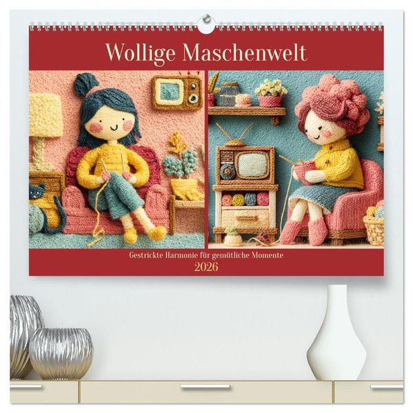 Wollige Maschenwelt. Gestrickte Harmonie für gemütliche Momente (hochwertiger Premium Wandkalender 2026 DIN A2 quer) Kunstdruck in Hochglanz
