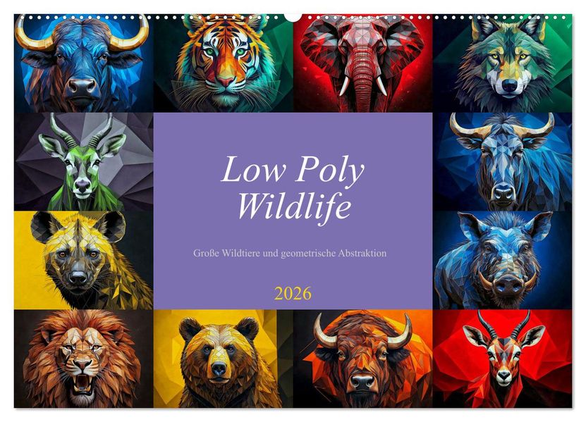Low Poly Wildlife (Wandkalender 2026 DIN A2 quer) CALVENDO Monatskalender