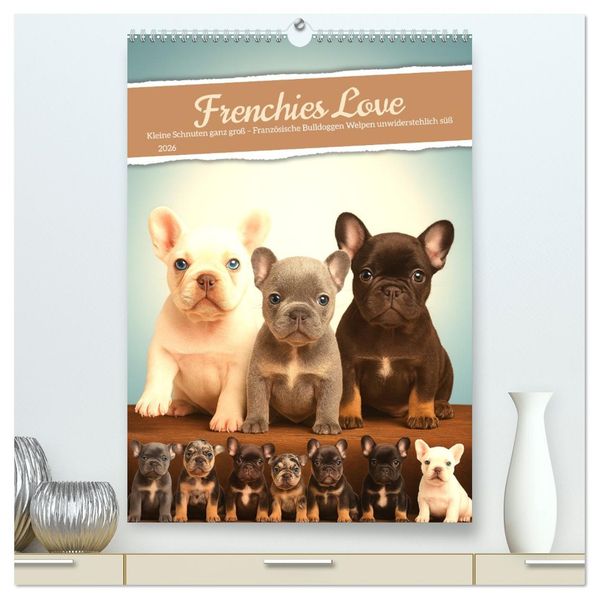 Frenchies Love - Kleine Schnuten ganz groß - Französische Bulldoggen Welpen unwiderstehlich süß (hochwertiger Premium Wandkalender 2026 DIN A2 hoch) Kunstdruck in Hochglanz