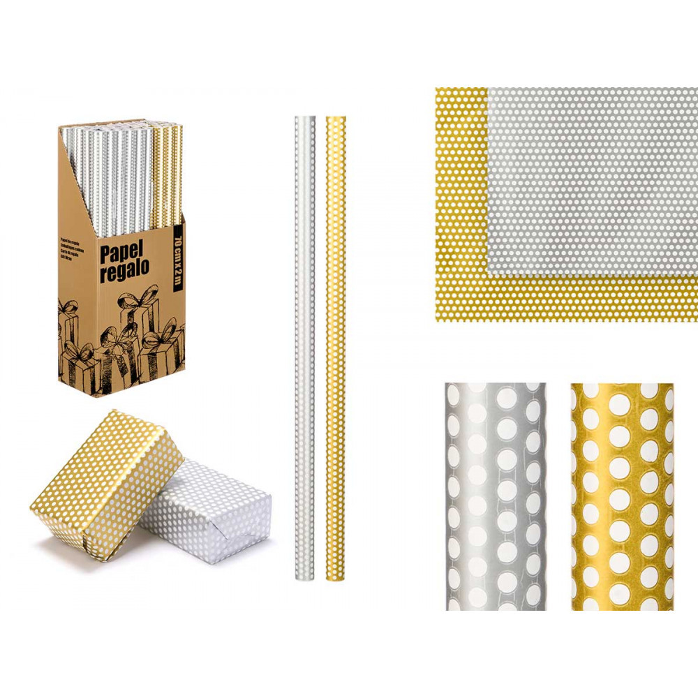Geschenkpapier Rolle 70x200 Silber Gold Tupfen