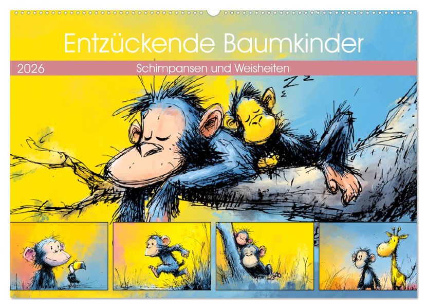 Entzückende Baumkinder. Schimpansen und Weisheiten (Wandkalender 2026 DIN A2 quer) CALVENDO Monatskalender