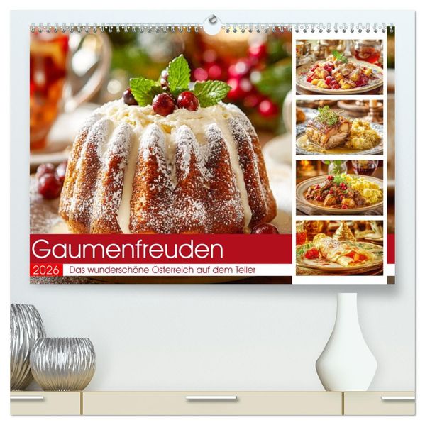 Gaumenfreuden. Das wunderschöne Österreich auf dem Teller (hochwertiger Premium Wandkalender 2026 DIN A2 quer) Kunstdruck in Hochglanz