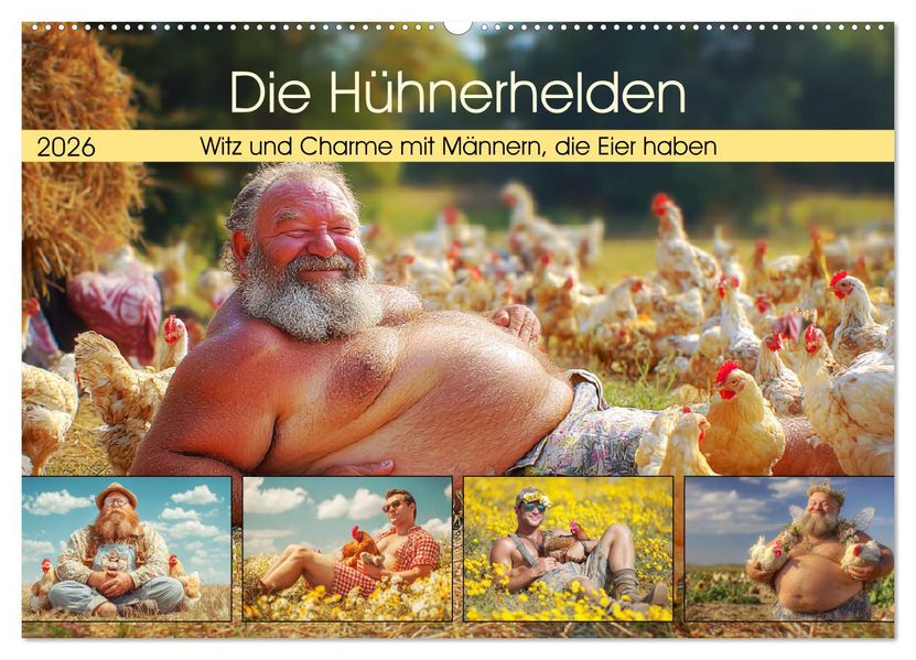 Die Hühnerhelden. Witz und Charme mit Männern die Eier haben (Wandkalender 2026 DIN A2 quer) CALVENDO Monatskalender