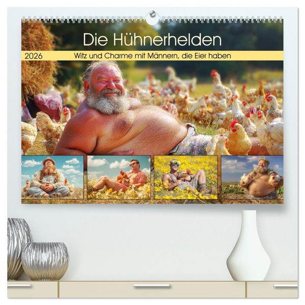 Die Hühnerhelden. Witz und Charme mit Männern die Eier haben (hochwertiger Premium Wandkalender 2026 DIN A2 quer) Kunstdruck in Hochglanz
