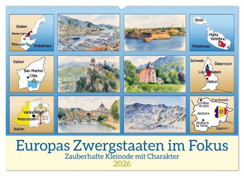 Europas Zwergstaaten im Fokus (Wandkalender 2026 DIN A2 quer) CALVENDO Monatskalender