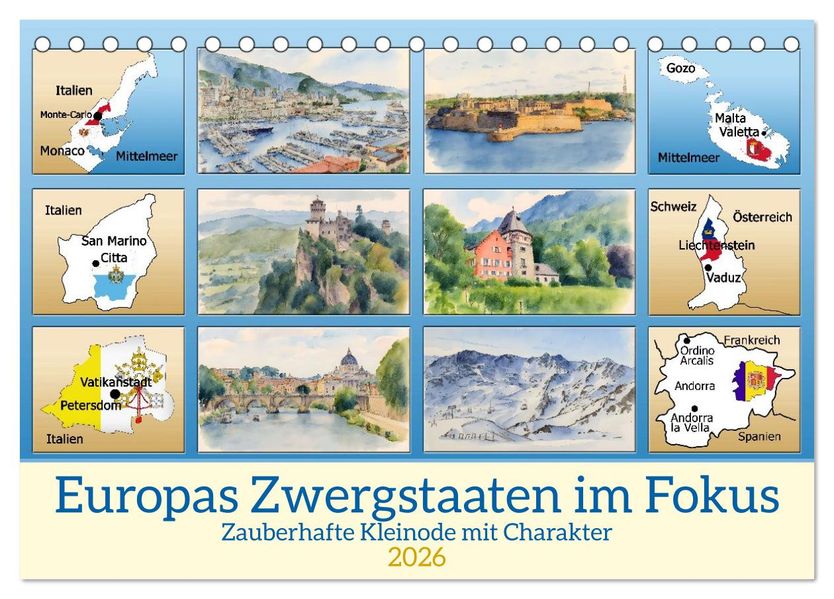 Europas Zwergstaaten im Fokus (Tischkalender 2026 DIN A5 quer) CALVENDO Monatskalender