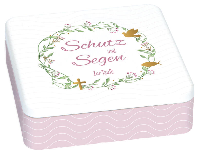 Geschenkset zur Taufe mit zauberhaft bedruckter Metalldose wattiertem Geschenkbuch Porzellan-Relief mit Band & Glasfläschchen für Taufwasser