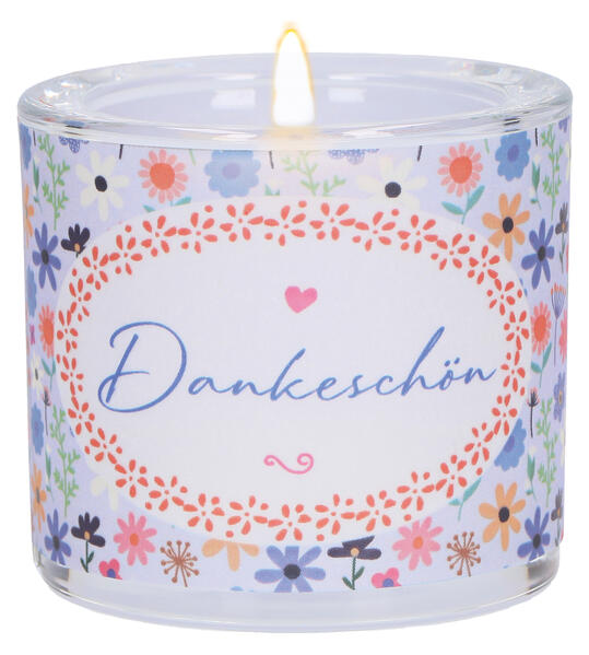 'Dankeschön' Glas-Windlicht mit buntem Blumenhintergrund