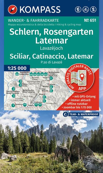 KOMPASS Wanderkarte 651 Schlern Rosengarten Latemar Lavazéjoch / Sciliar Catinaccio Latemar P.so di Lavazé 1:25.000