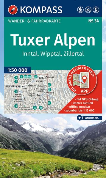 KOMPASS Wanderkarte 34 Tuxer Alpen Inntal Wipptal Zillertal 1:50.000