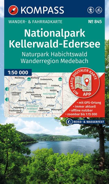KOMPASS Wanderkarte 845 Nationalpark Kellerwald-Edersee Naturpark Habichtswald Wanderregion Medebach 1:50.000