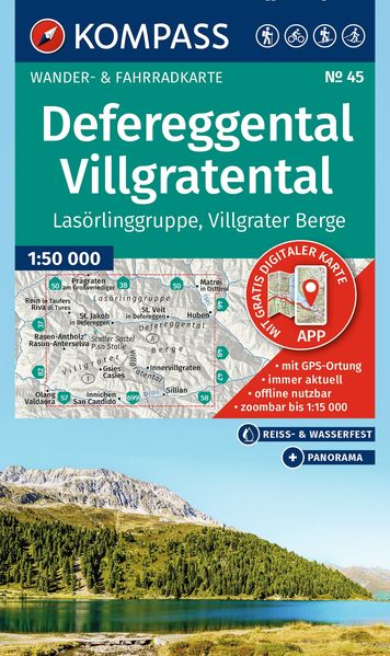 KOMPASS Wanderkarte 45 Defereggental Villgratental Lasörlinggruppe Villgrater Berge 1:50.000