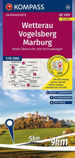 KOMPASS Fahrradkarte 3359 Wetterau Vogelsberg Marburg 1:70.000