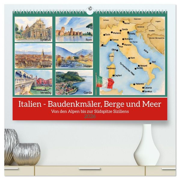 Italien - Baudenkmäler Berge und Meer (hochwertiger Premium Wandkalender 2026 DIN A2 quer) Kunstdruck in Hochglanz