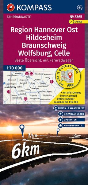 KOMPASS Fahrradkarte 3365 Region Hannover Ost Hildesheim Braunschweig Wolfsburg Celle mit Knotenpunkten 1:70.000