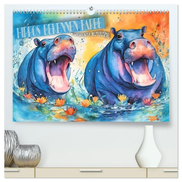 Hippos bekennen Farbe - kunterbunter Nilpferdspaß (hochwertiger Premium Wandkalender 2026 DIN A2 quer) Kunstdruck in Hochglanz