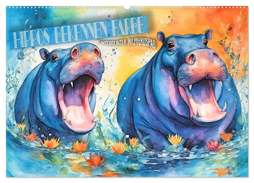 Hippos bekennen Farbe - kunterbunter Nilpferdspaß (Wandkalender 2026 DIN A2 quer) CALVENDO Monatskalender