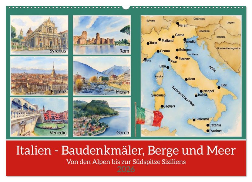 Italien - Baudenkmäler Berge und Meer (Wandkalender 2026 DIN A2 quer) CALVENDO Monatskalender