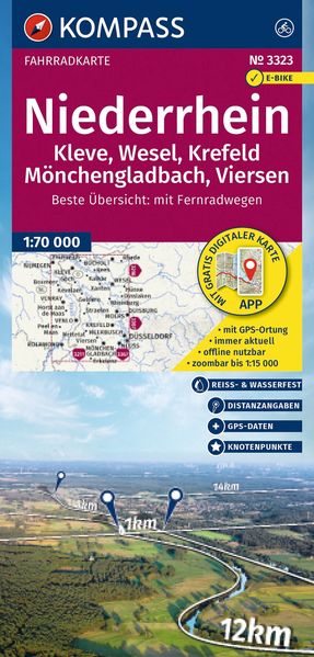 KOMPASS Fahrradkarte 3323 Niederrhein Kleve Wesel Krefeld Mönchengladbach Viersen mit Knotenpunkten 1:70.000