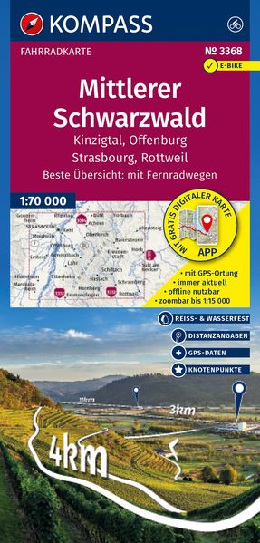 KOMPASS Fahrradkarte 3368 Mittlerer Schwarzwald Kinzigtal Offenburg Strasbourg Rottweil mit Knotenpunkten 1:70.000