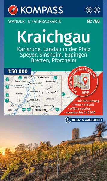 KOMPASS Wanderkarte 768 Kraichgau Karlsruhe Landau i. d. Pfalz Speyer Sinsheim Eppingen Bretten Pforzheim 1:50.000