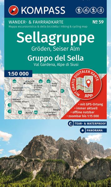 KOMPASS Wanderkarte 59 Sellagruppe Gröden Seiser Alm / Gruppo del Sella Val Gardena Alpe di Siusi 1:50.000