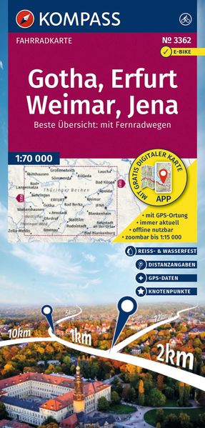 KOMPASS Fahrradkarte 3362 Gotha Erfurt Weimar Jena 1:70.000
