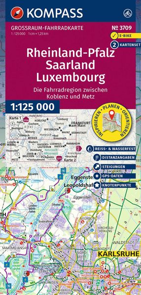 KOMPASS Großraum Fahrradkarte 3709 Rheinland-Pfalz Saarland Luxembourg mit Knotenpunkten 1:125.000