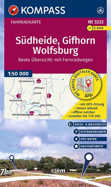 KOMPASS Fahrradkarte 3222 Südheide Gifhorn Wolfsburg mit Knotenpunkten 1:50.000