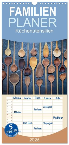 Familienplaner 2026 - Küchenutensilien mit 5 Spalten (Wandkalender 21 x 45 cm) CALVENDO