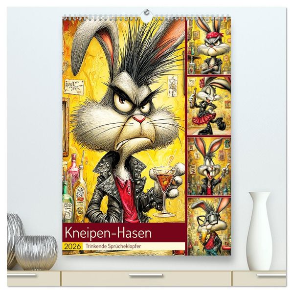 Kneipen-Hasen. Trinkende Sprücheklopfer (hochwertiger Premium Wandkalender 2026 DIN A2 hoch) Kunstdruck in Hochglanz
