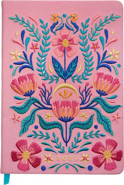 Taschenkalender A5 2027: Blütenmotiv bestickt rosa