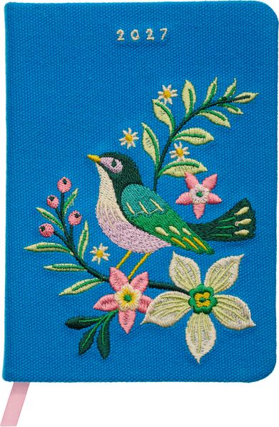 Taschenkalender A6 2027: Vogel und Blüten bestickt blau