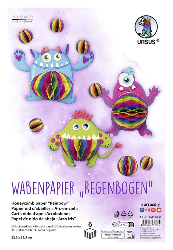 URSUS Basispapiere Wabenpapier 'Regenbogen' 225 x 325 cm. 6 Blatt