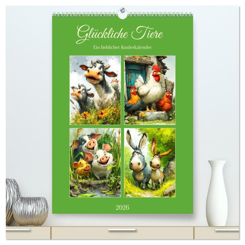 Glückliche Tiere. Ein lieblicher Kinderkalender (hochwertiger Premium Wandkalender 2026 DIN A2 hoch) Kunstdruck in Hochglanz