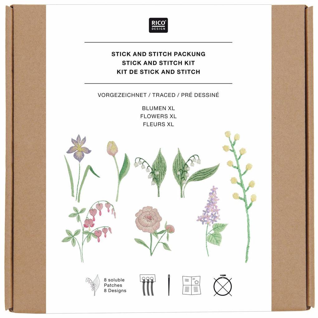Stick & Stitch Packung Blumen XL // 8 Stk. 8 Designs // Wasserlösliche Stickvorlage Stickgarn Sticknadel und Anleitung