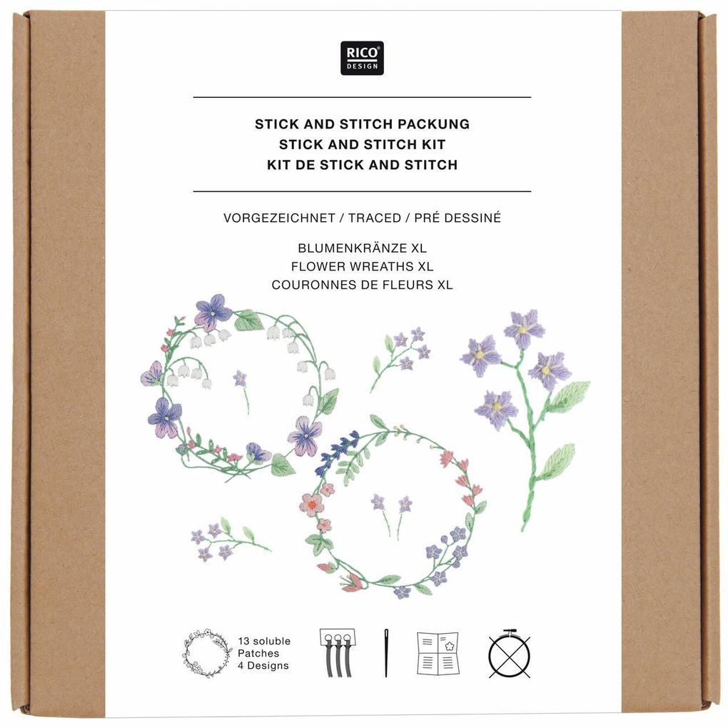 Stick & Stitch Packung Blumenkränze XL // 13 Stk. 4 Designs // Wasserlösliche Stickvorlage Stickgarn Sticknadel und Anleitung