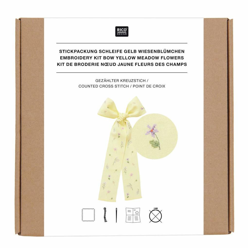 Stickpackung Gezählter Kreuzstich Schleife Wiesenblümchen Hellgelb 30 x 54 cm 100% Leinen