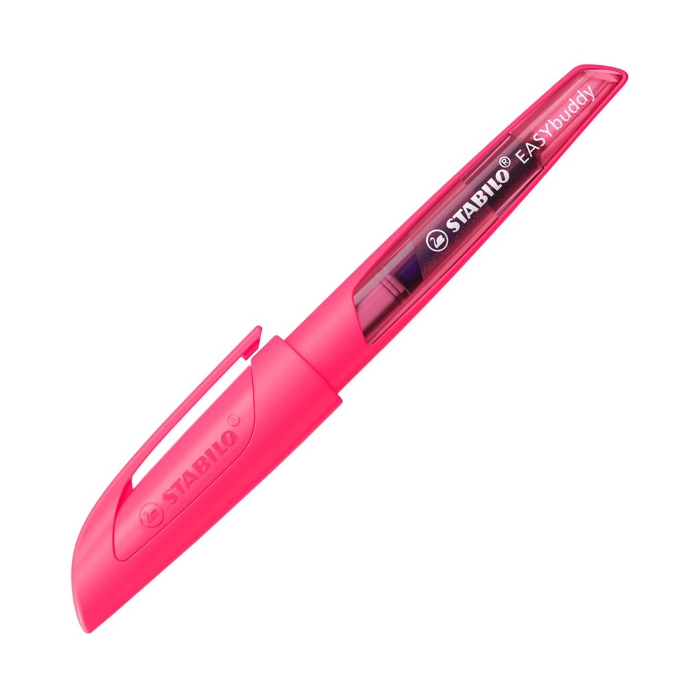 STABILO Füller EASYbuddy NEON in neonpink Schulfüller mit Linkshänder-Feder L blau (löschbar) inkl. Patrone